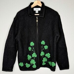 VTG Lisa International Boiled Wool Black Zip Cardigan Shamrock‎ Clover Jacket M